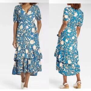 Knox Rose Dress Medium Midi Blue Floral Wrap Ruffle Tiered Boho Prairie Pockets